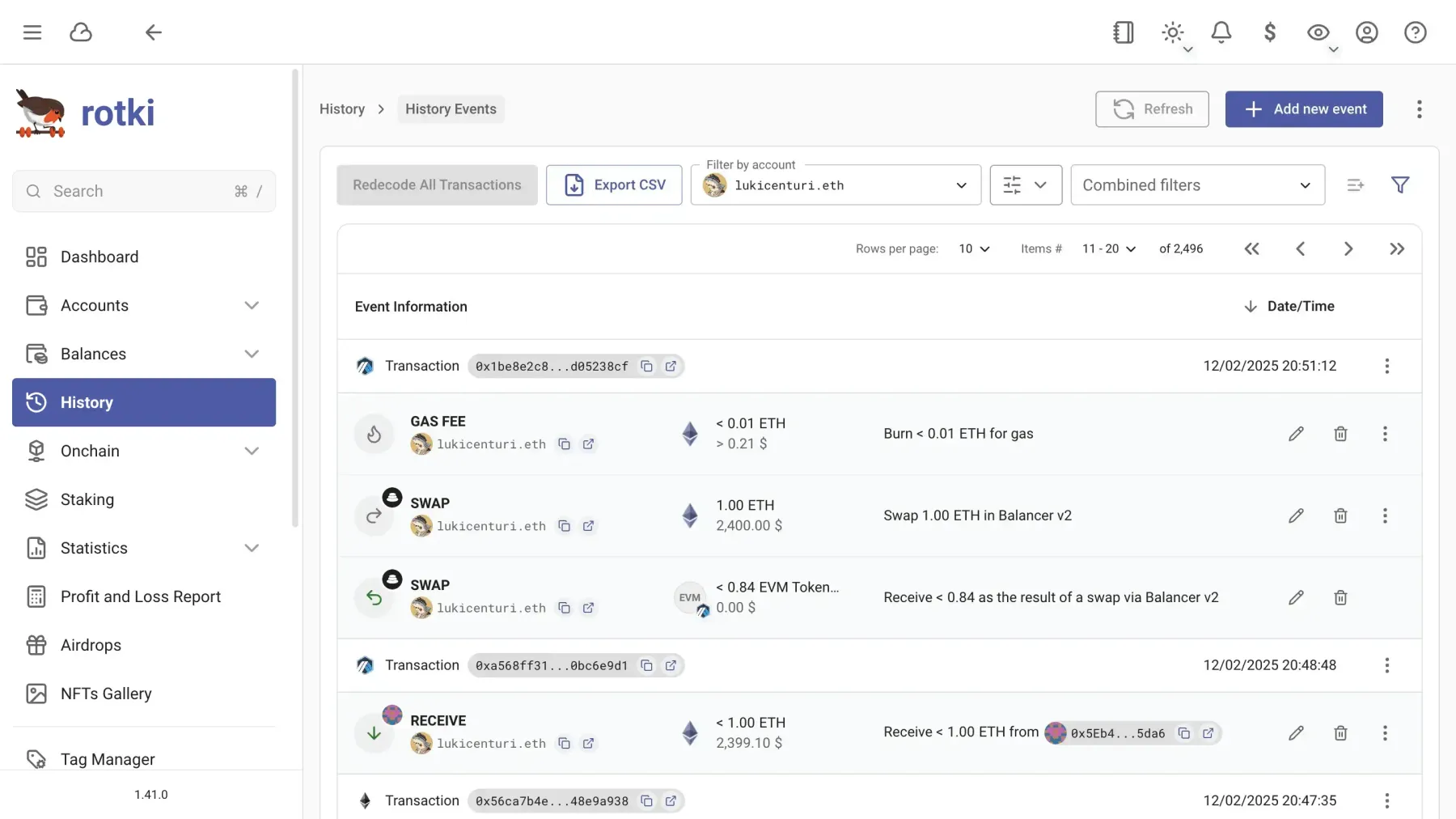 rotki history events and transaction tracking