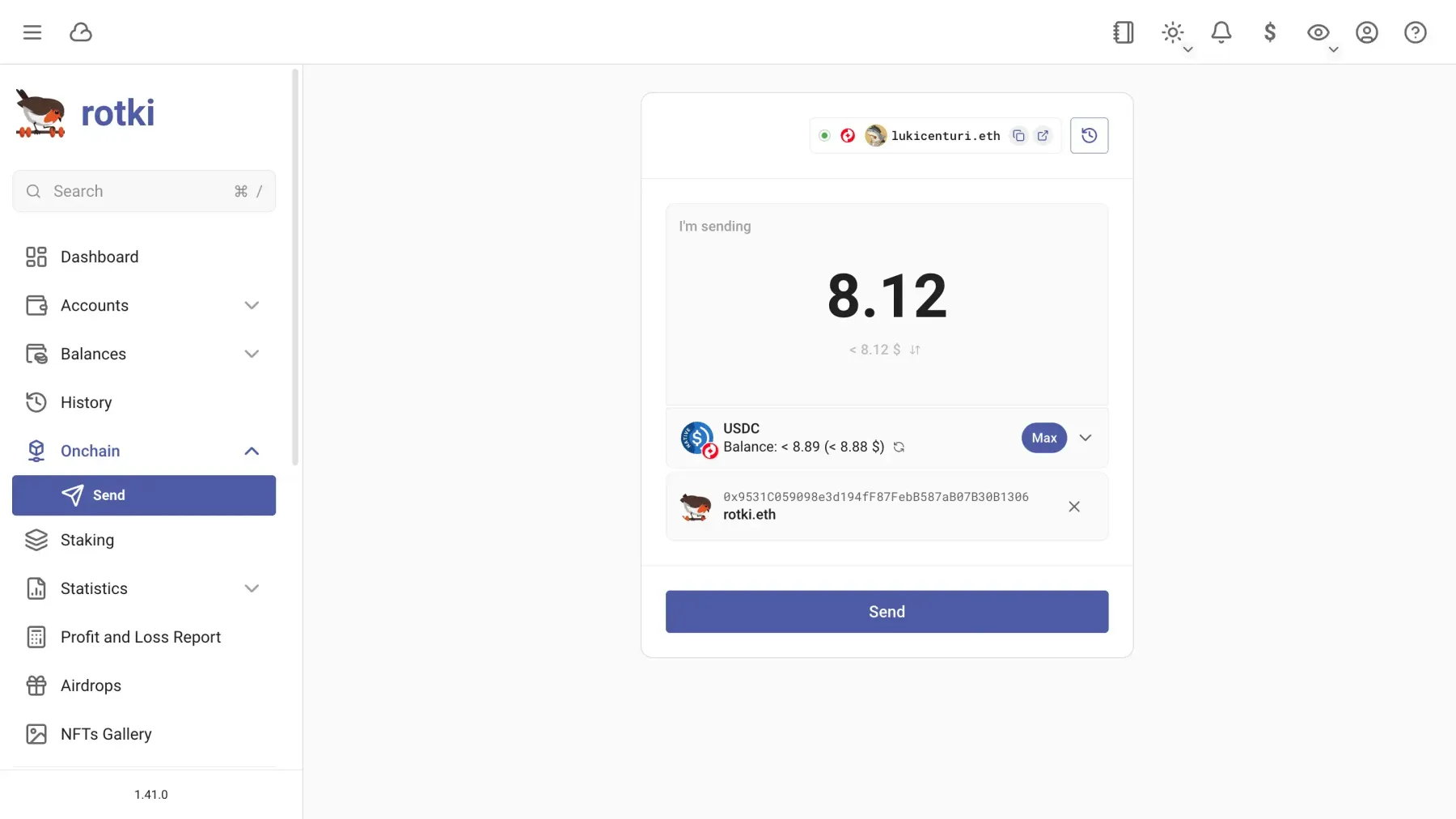rotki on-chain transaction sending